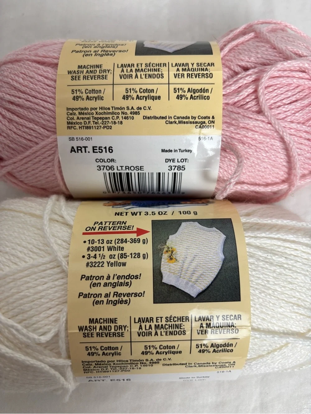 Red Heart Discontinued TLC Cotton Plus Yarn - Pink & White Skeins
